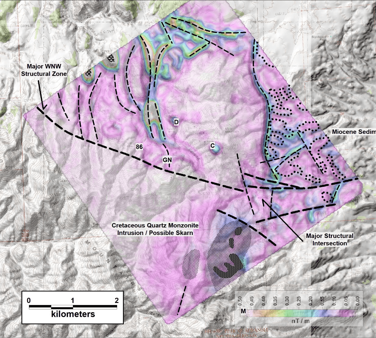 Figure 9 — RTP residual total horizontal gradient with interpreted structures, including the major WNW structural zone and major structural intersection