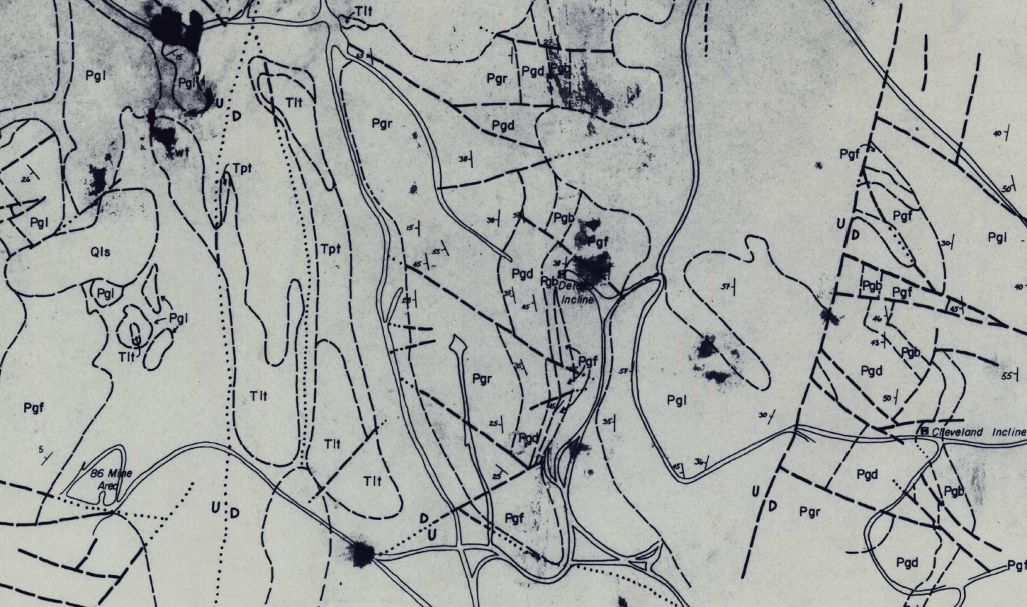 Historic geologic map of the district showing mapped units, faults, and the Delano Incline, Cleveland Incline, and 86 Mine Area