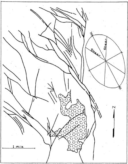 Hand-drawn structural map with fault traces, an intrusive outline, and a strain ellipse, with 1-mile scale bar and north arrow
