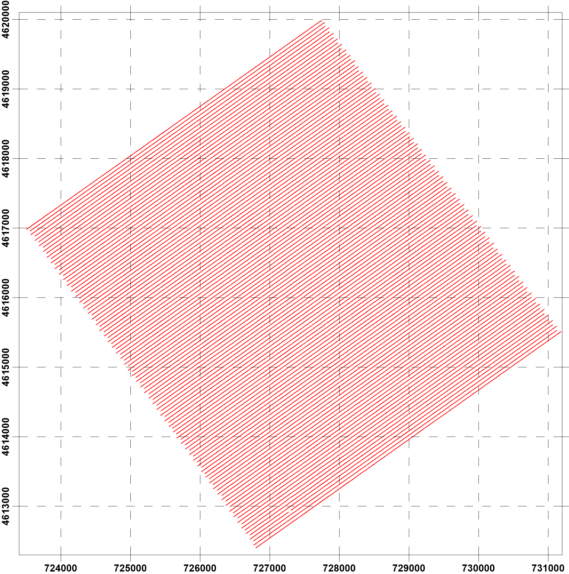 Figure 2 — flight line posting of the 50 m spaced primary survey lines oriented N55E, on a UTM coordinate grid