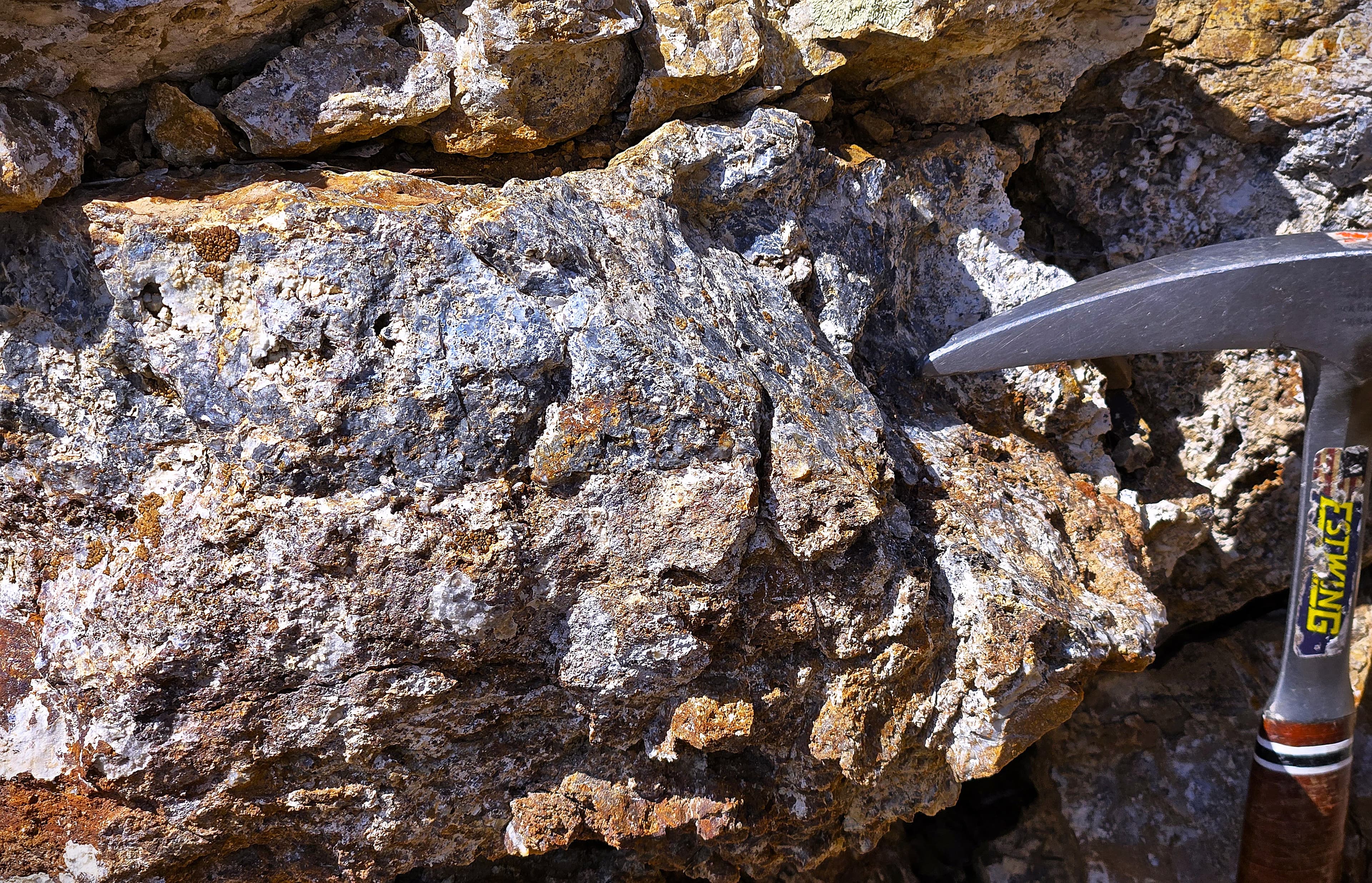 Mineralized rock at the pick, Cleveland–Delano district field program