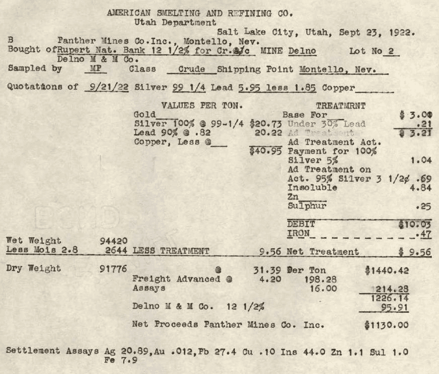 1922 smelter settlement receipt for district ore