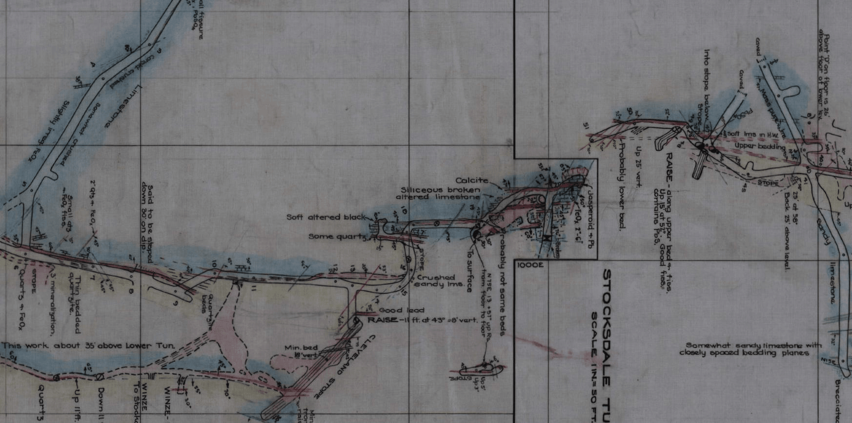 Historic hand-drafted underground survey sheet with annotated workings, stopes, raises, and geological notes