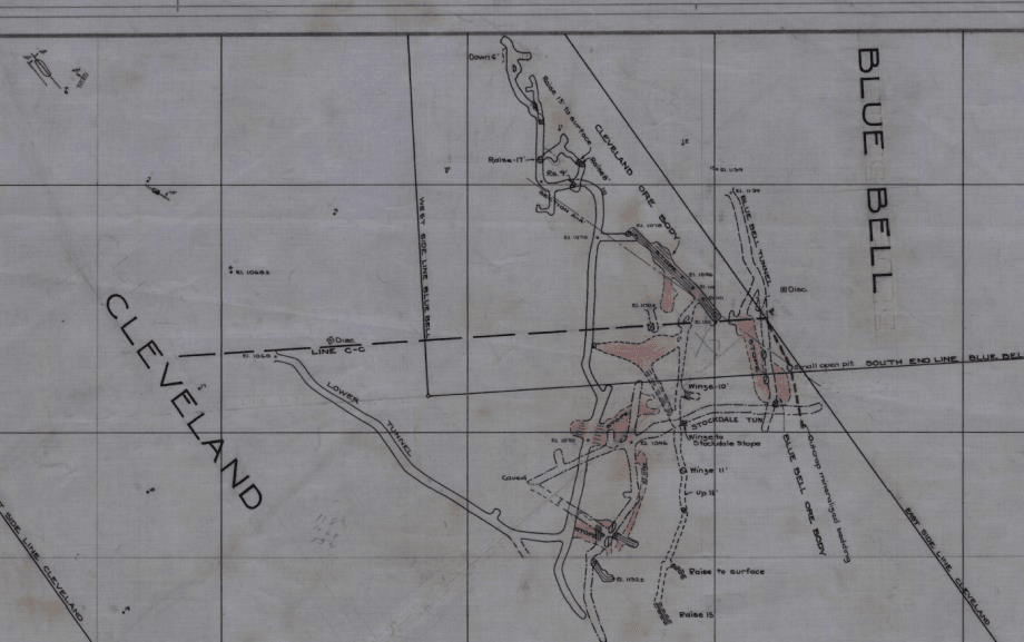Historic underground survey sheet of the Cleveland workings showing tunnels, winzes, and raises